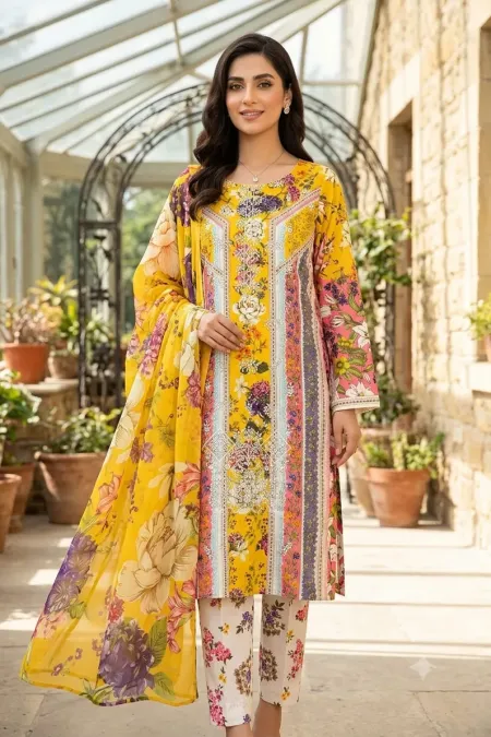 SS-208 | Unstitched | Embroidered 3PC Lawn Suit | Chiffon Dupatta