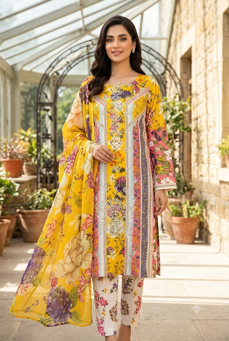 SS-208 | Unstitched | Embroidered 3PC Lawn Suit | Chiffon Dupatta