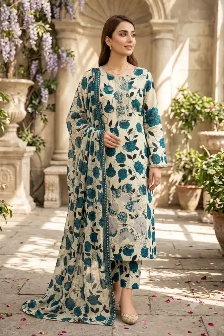 SS-207 | Unstitched | Embroidered 3PC Lawn Suit | Chiffon Dupatta