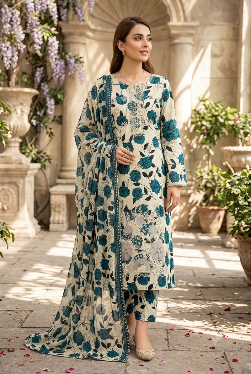 SS-207 | Unstitched | Embroidered 3PC Lawn Suit | Chiffon Dupatta