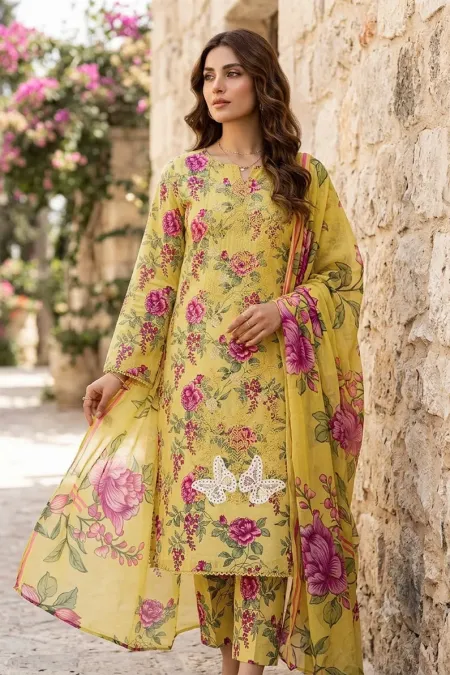SS-206 | Unstitched | Embroidered 3PC Lawn Suit | Chiffon Dupatta