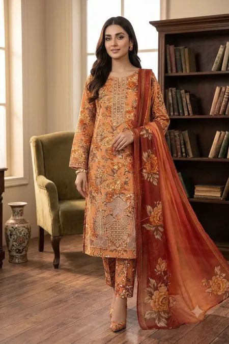 SS-204 | Unstitched | Embroidered 3PC Lawn Suit | Chiffon Dupatta