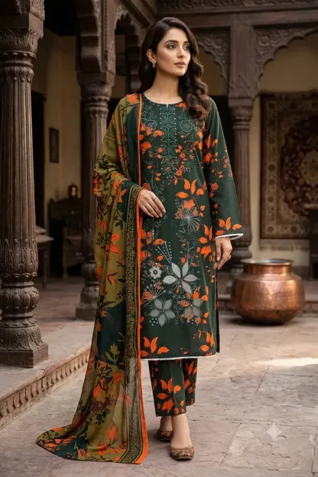 SS-205 | Unstitched | Embroidered 3PC Lawn Suit | Chiffon Dupatta
