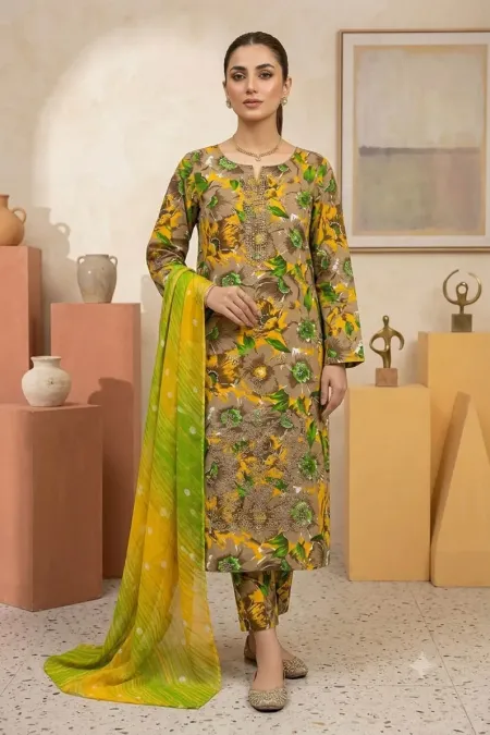 SS-203 | Unstitched | Embroidered 3PC Lawn Suit | Chiffon Dupatta