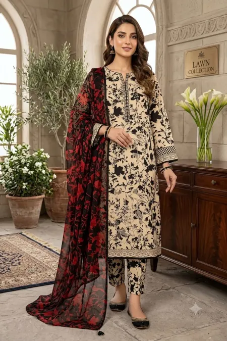 SS-202 | Unstitched | Embroidered 3PC Lawn Suit | Chiffon Dupatta