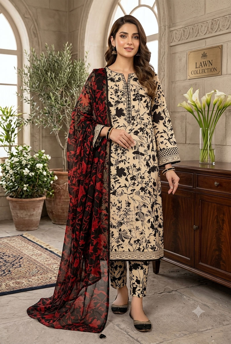 SS-202 | Unstitched | Embroidered 3PC Lawn Suit | Chiffon Dupatta