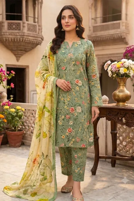 SS-201 | Unstitched | Embroidered 3PC Lawn Suit | Chiffon Dupatta