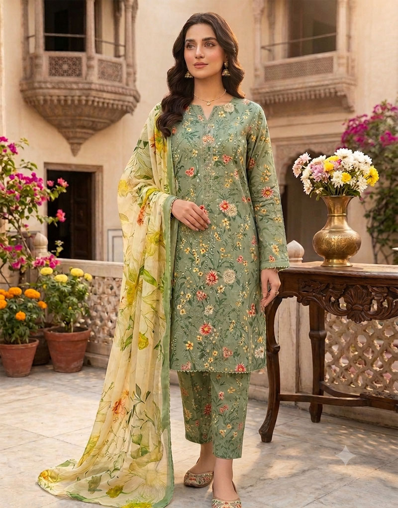 SS-201 | Unstitched | Embroidered 3PC Lawn Suit | Chiffon Dupatta