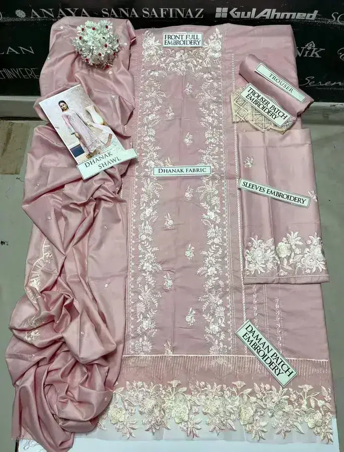 SS-209 | Unstitched | Heavy Embroidered 3PC Dhanak Suit | Dhanak Shawl